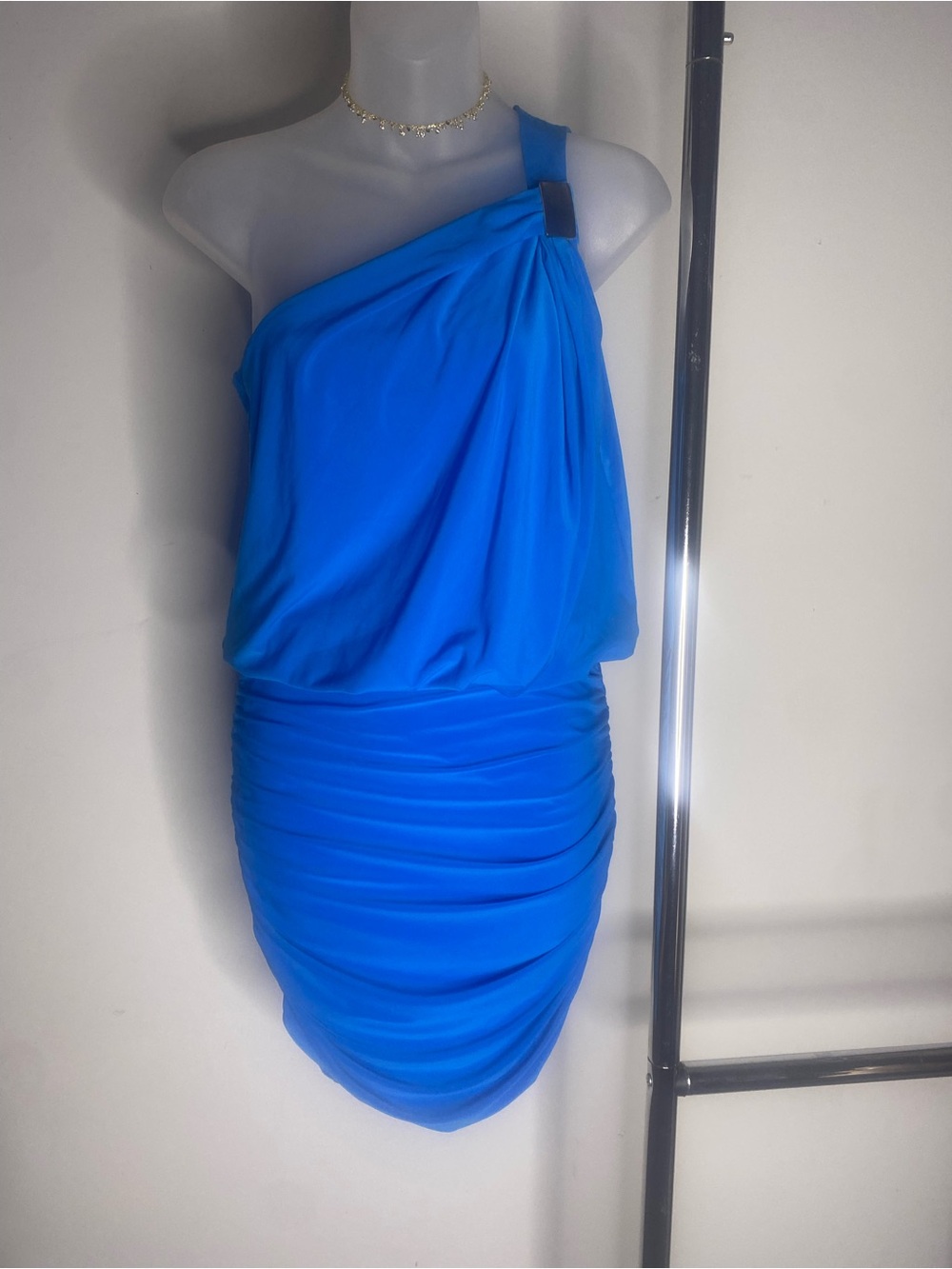 Cache Electric Blue One-Shoulder Ruched Cocktail Dress